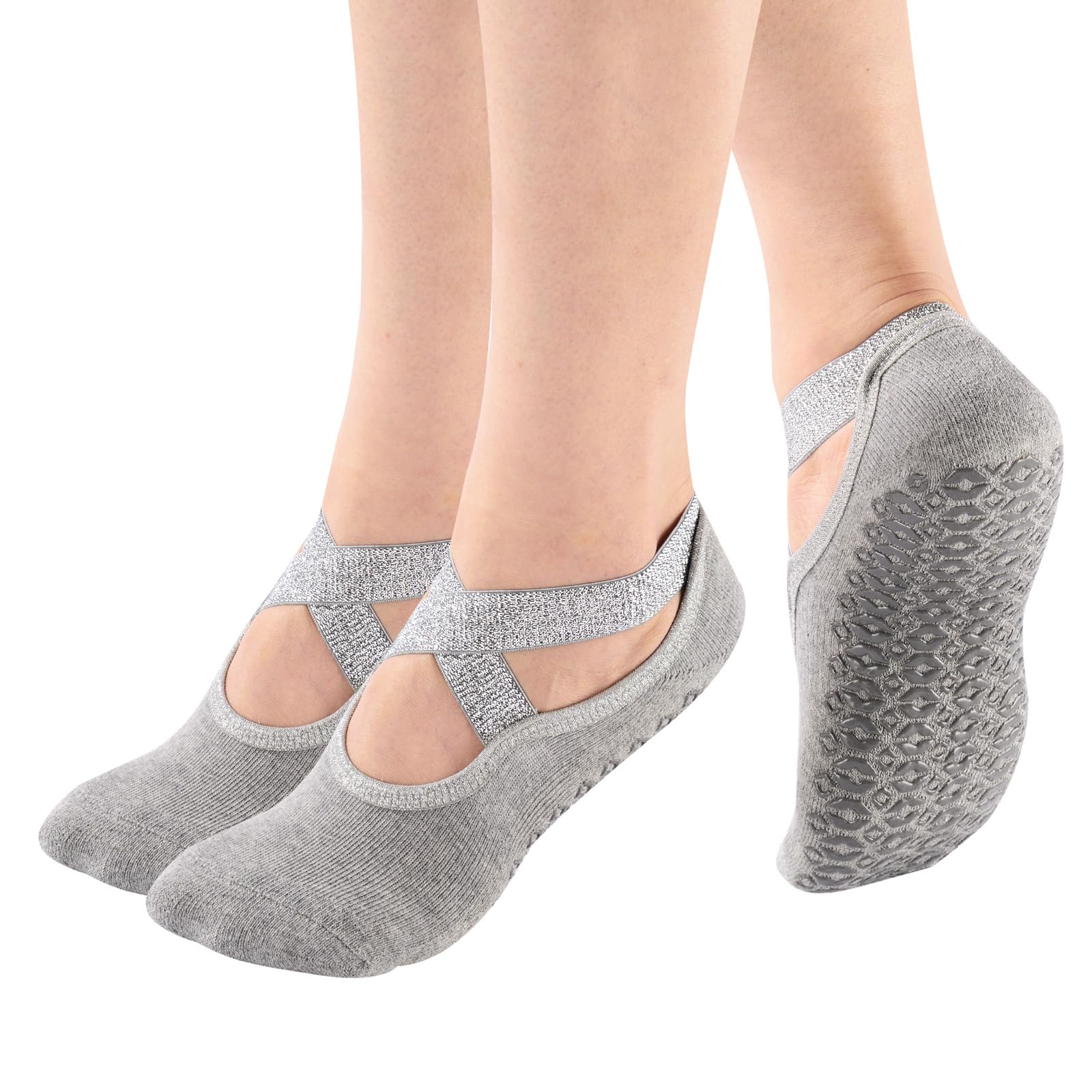 Teebulen Women's and Girl's 2 Pairs Grey with Silver Glitter Padded Anti Skid Non Slip Yoga Socks with Grips for Barre Pilate Ballet,Size 4-8