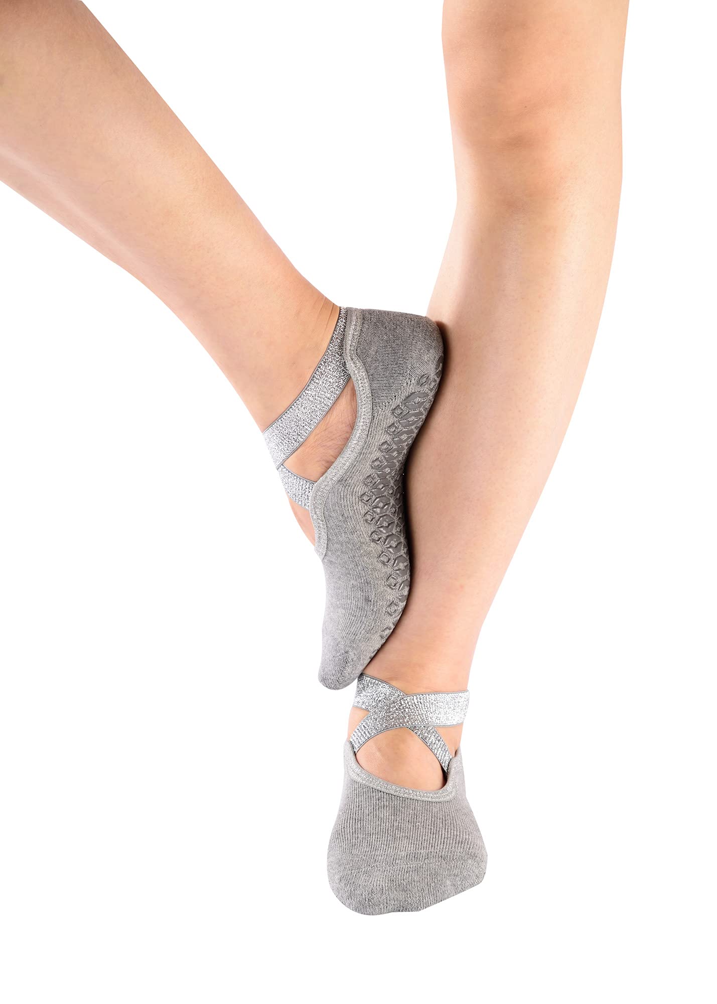 Teebulen Women's and Girl's 2 Pairs Grey with Silver Glitter Padded Anti Skid Non Slip Yoga Socks with Grips for Barre Pilate Ballet,Size 4-8