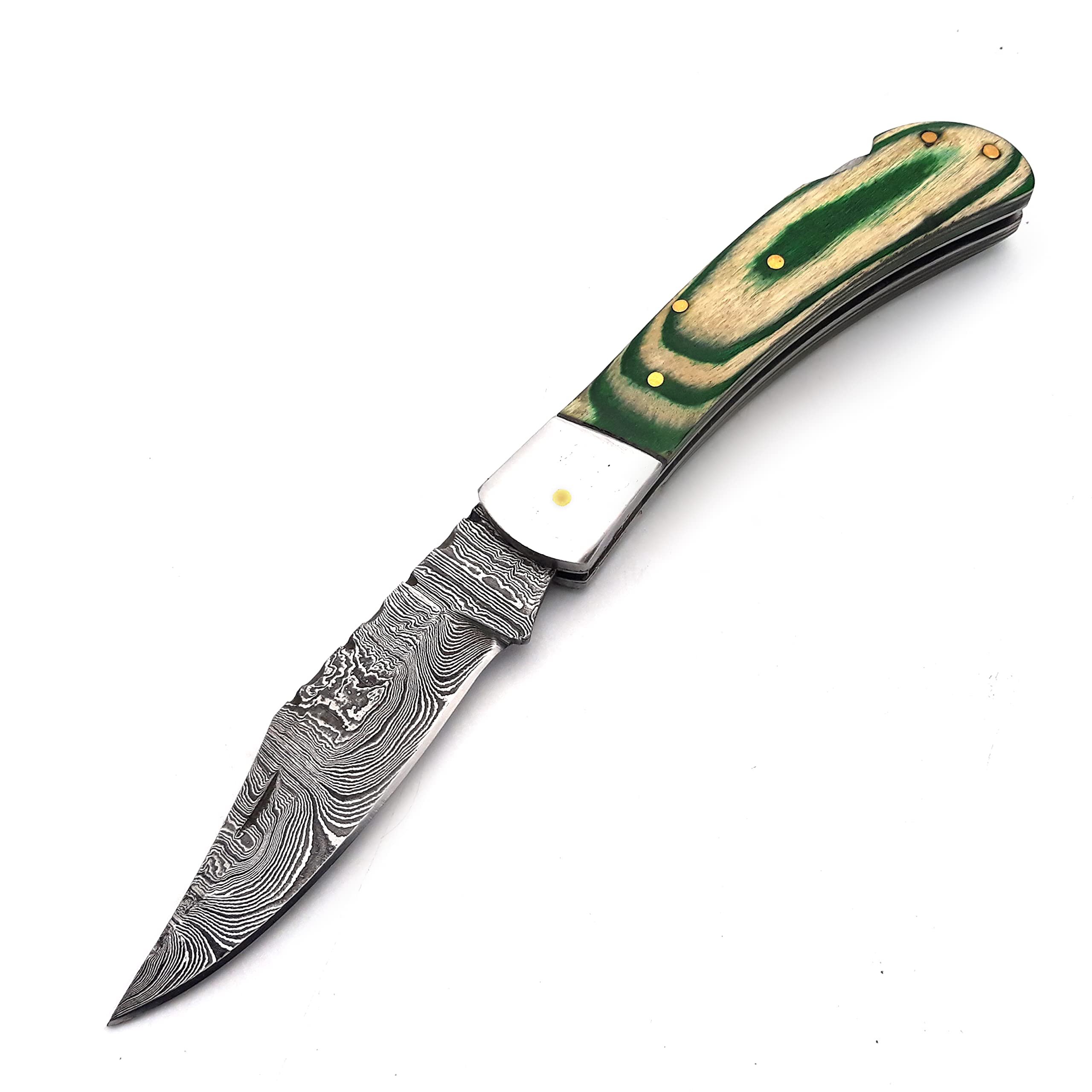 Custom Handmade Damascus Steel Folding Knife/Pocket Knife SS-17462 (Green Colored Wood) (Green)