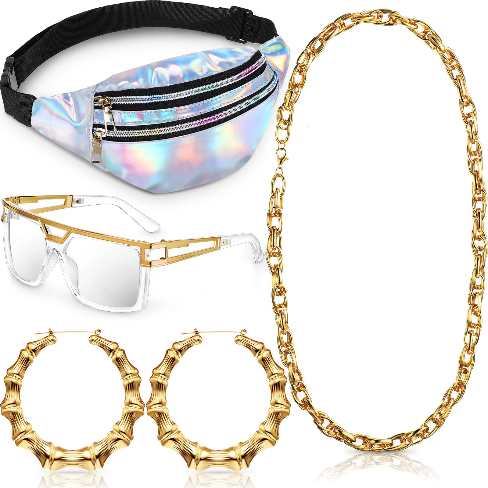 Epakh Hip Hop Woman Costume Kit Including Fanny Packs Transparent Sunglasses Faux Gold Rope Chain and Round Hoop Earrings (Silver)