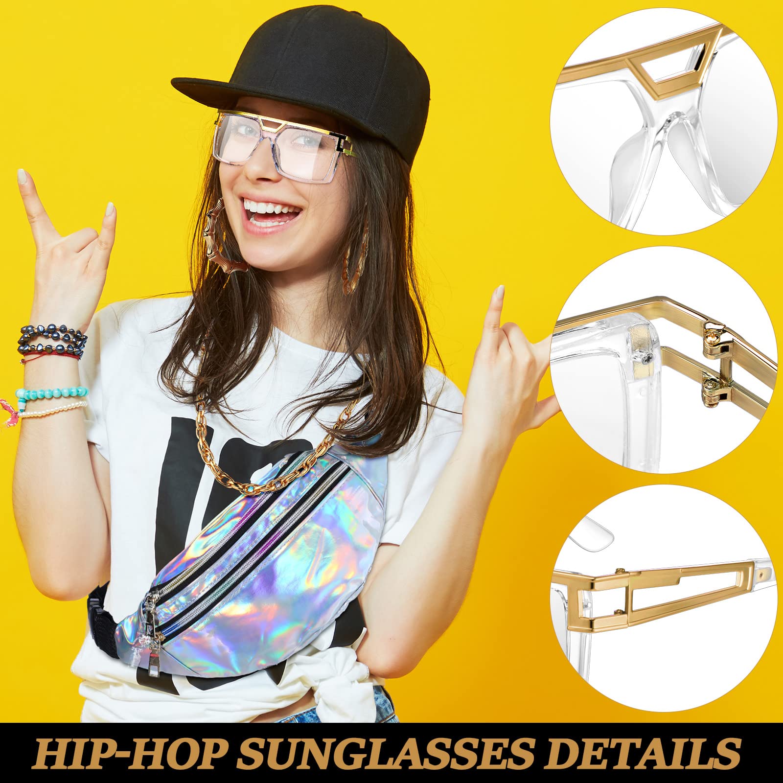 Epakh Hip Hop Woman Costume Kit Including Fanny Packs Transparent Sunglasses Faux Gold Rope Chain and Round Hoop Earrings (Silver)