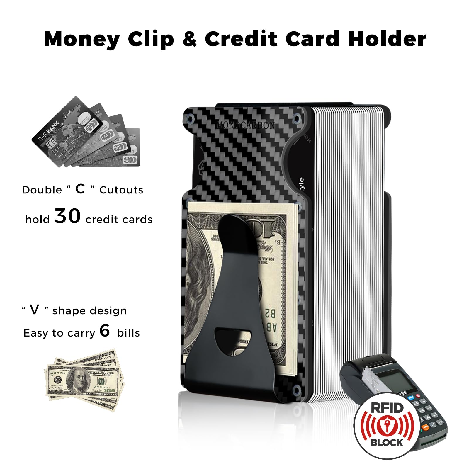 MONOCARBON Minimalist-Wallet, Real-Carbon-Fiber-Wallet-RFID-Blocking, Slim Credit Card Holder Wallet, Front Pocket Money Clip for Men EDC. (Carbon Fiber)