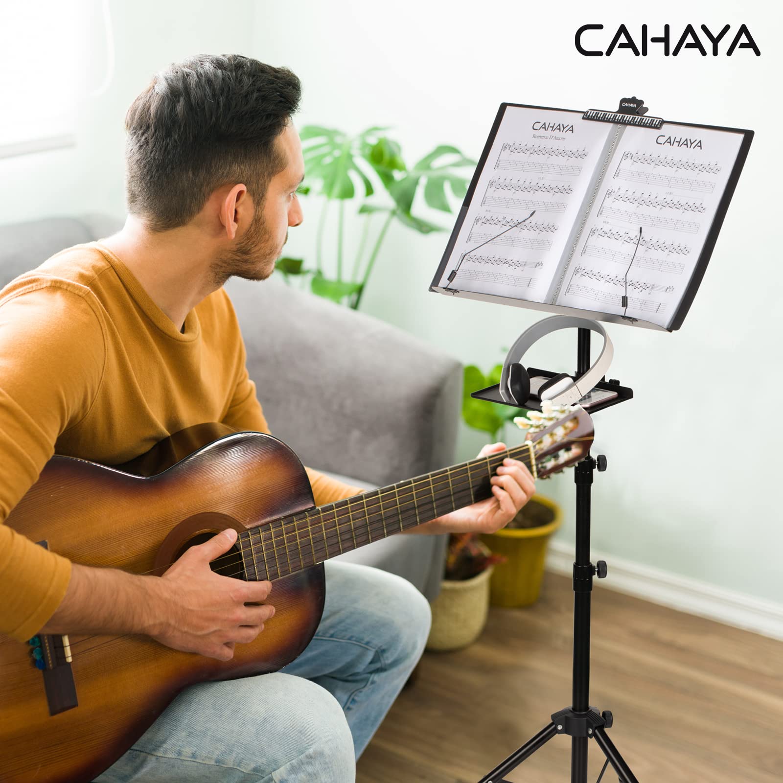 CAHAYA Dual Use Sheet Music Stand with Clamp-on Tray & Desktop Book Stand with Carrying Bag, Sheet Music Folder, Music Stand with Shelf, and Clip for Guitar, Ukulele, Violin Players CY0194+CY0320