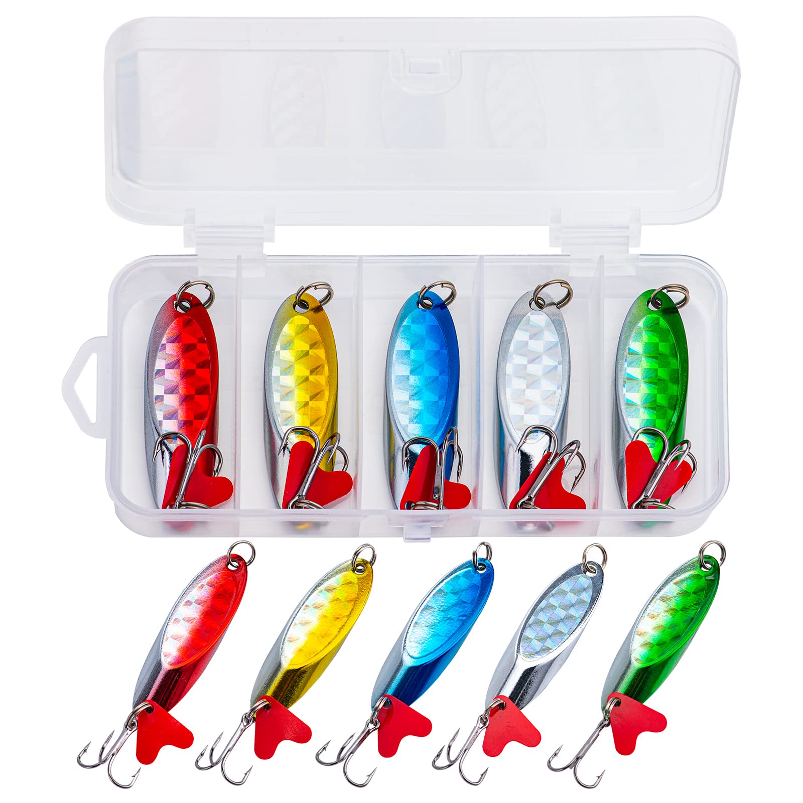 Goture Fishing Spoons Lures,Metal Spoon Trout Lures,Long Distance Casting Fishing Lures for Trout Bass Crappie Pike Saltwater and Freshwater Fishing, 5 Size Jigging Spoons with Fishing Tackle Box