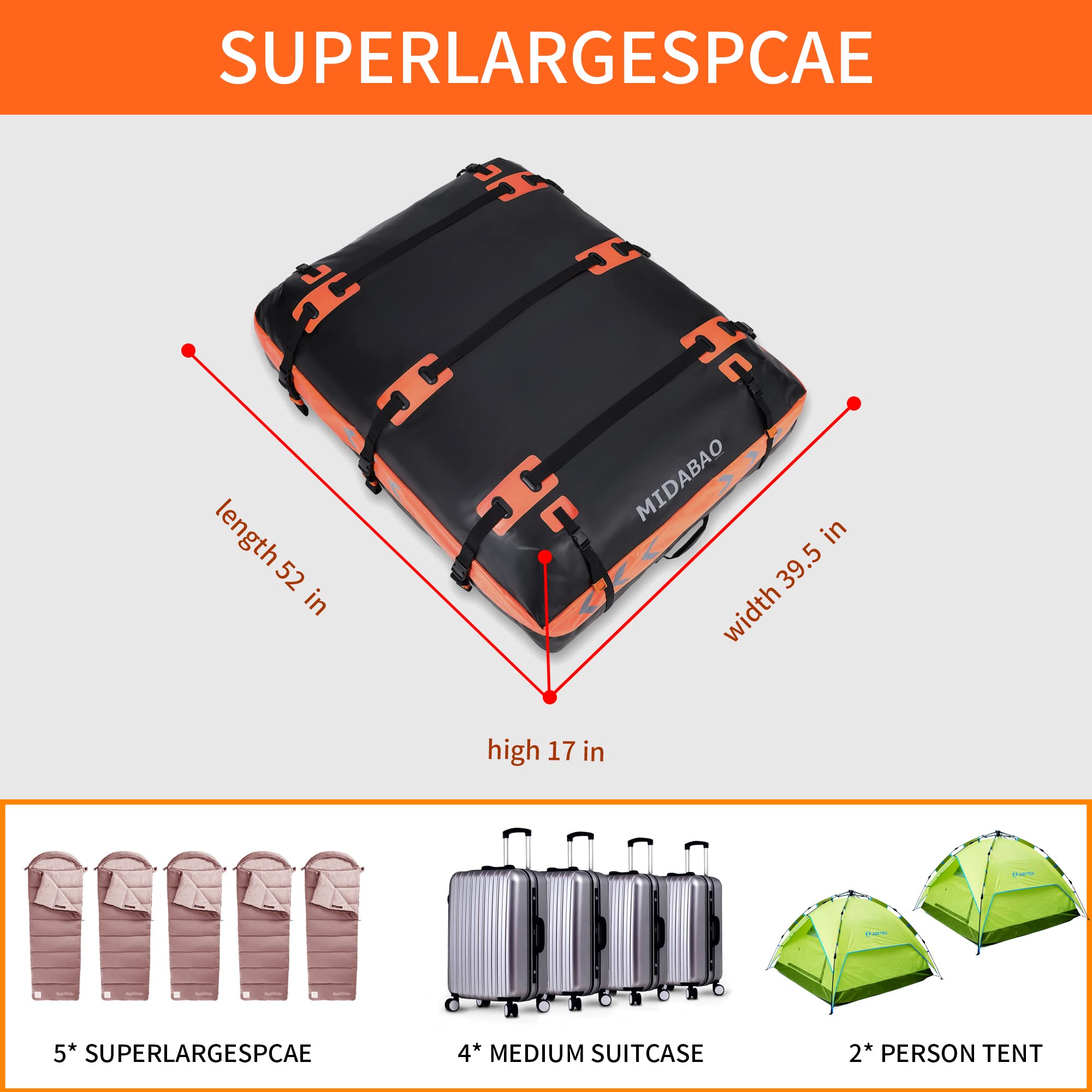 MIDABAO 20 Cubic Car Roof Bag Cargo Carrier, Waterproof Rooftop Cargo Carrier with Anti-Slip Mat + 6 Door Hooks, Suitable for All Vehicle with/without Rack