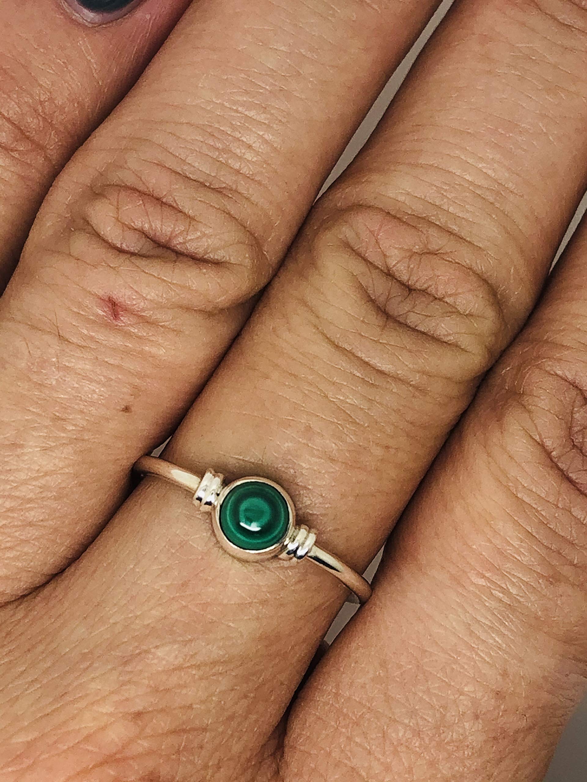 Koral Jewelry Round Malachite 925 Sterling Silver Ring - Delicate BOHO Chic Jewelry - Fashionable and Stylish for Women with Velvet Gift Bag - Made by Indian Artisans - Size 5-9 (10)