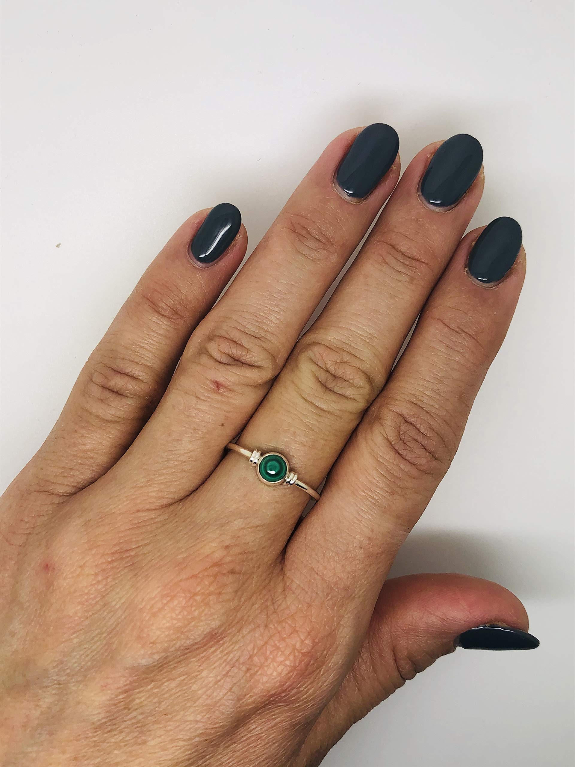 Koral Jewelry Round Malachite 925 Sterling Silver Ring - Delicate BOHO Chic Jewelry - Fashionable and Stylish for Women with Velvet Gift Bag - Made by Indian Artisans - Size 5-9 (10)