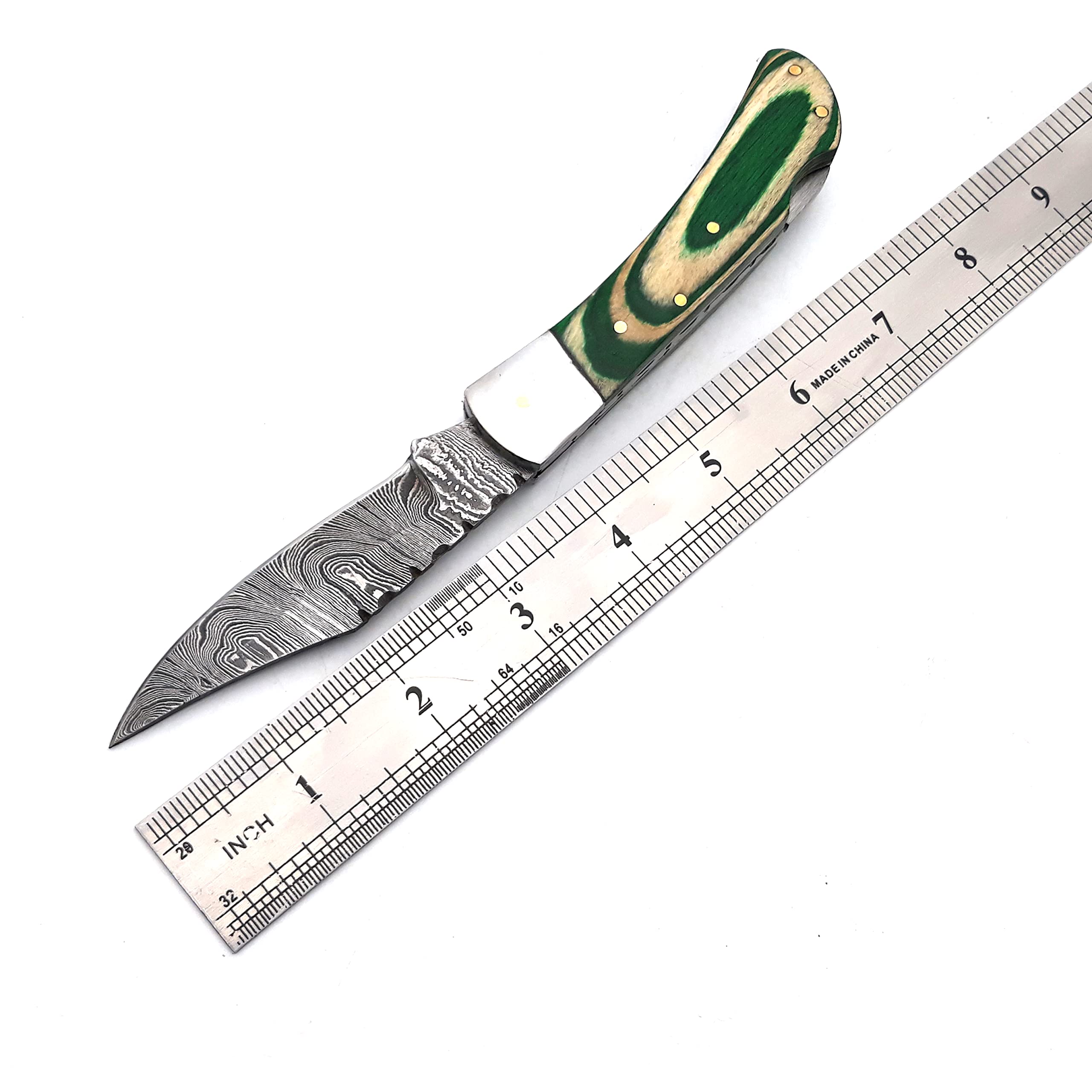 Custom Handmade Damascus Steel Folding Knife/Pocket Knife SS-17462 (Green Colored Wood) (Green)