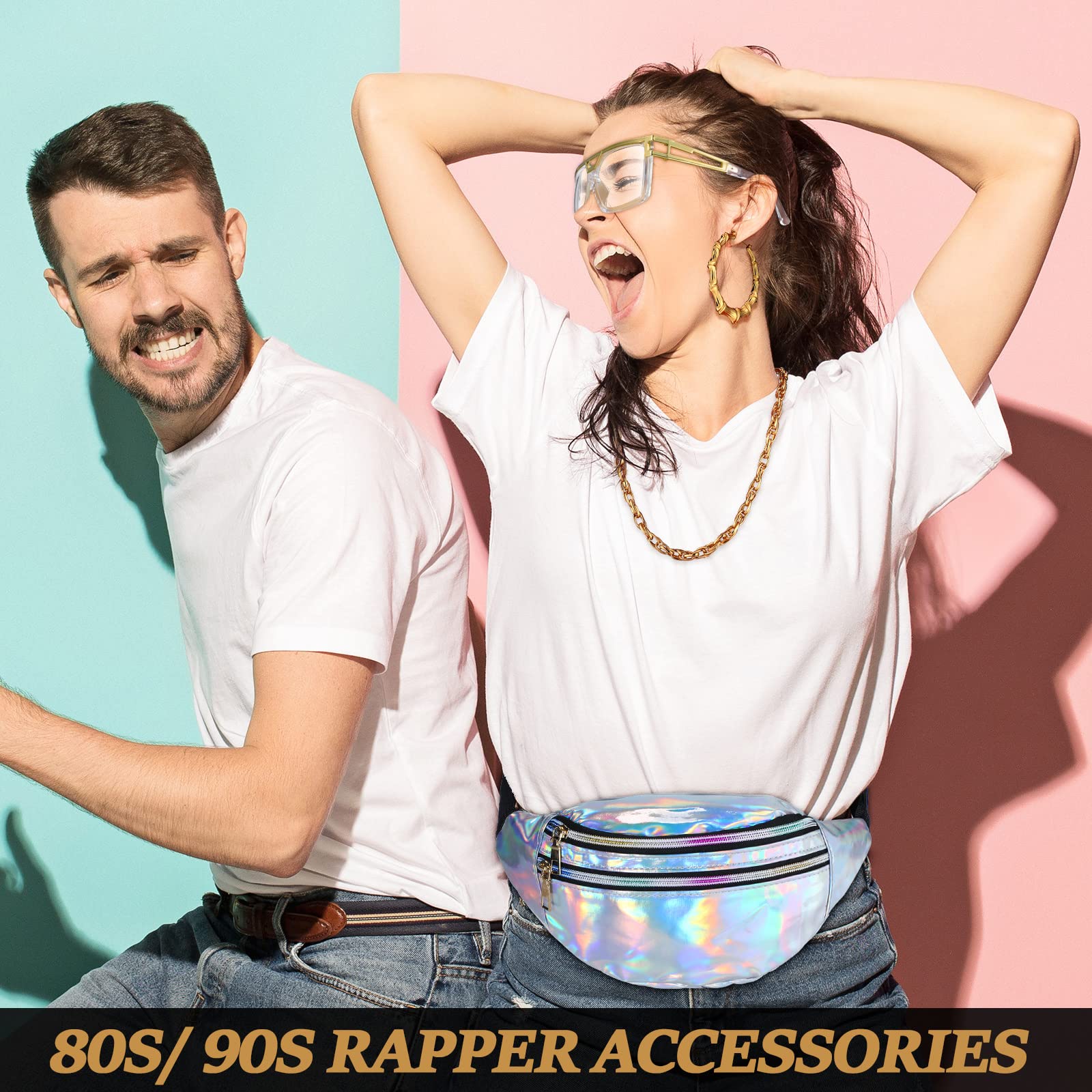 Epakh Hip Hop Woman Costume Kit Including Fanny Packs Transparent Sunglasses Faux Gold Rope Chain and Round Hoop Earrings (Silver)