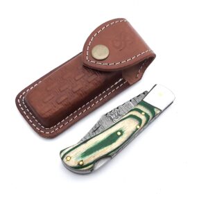 Custom Handmade Damascus Steel Folding Knife/Pocket Knife SS-17462 (Green Colored Wood) (Green)