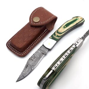 custom handmade damascus steel folding knife/pocket knife ss-17462 (green colored wood) (green)