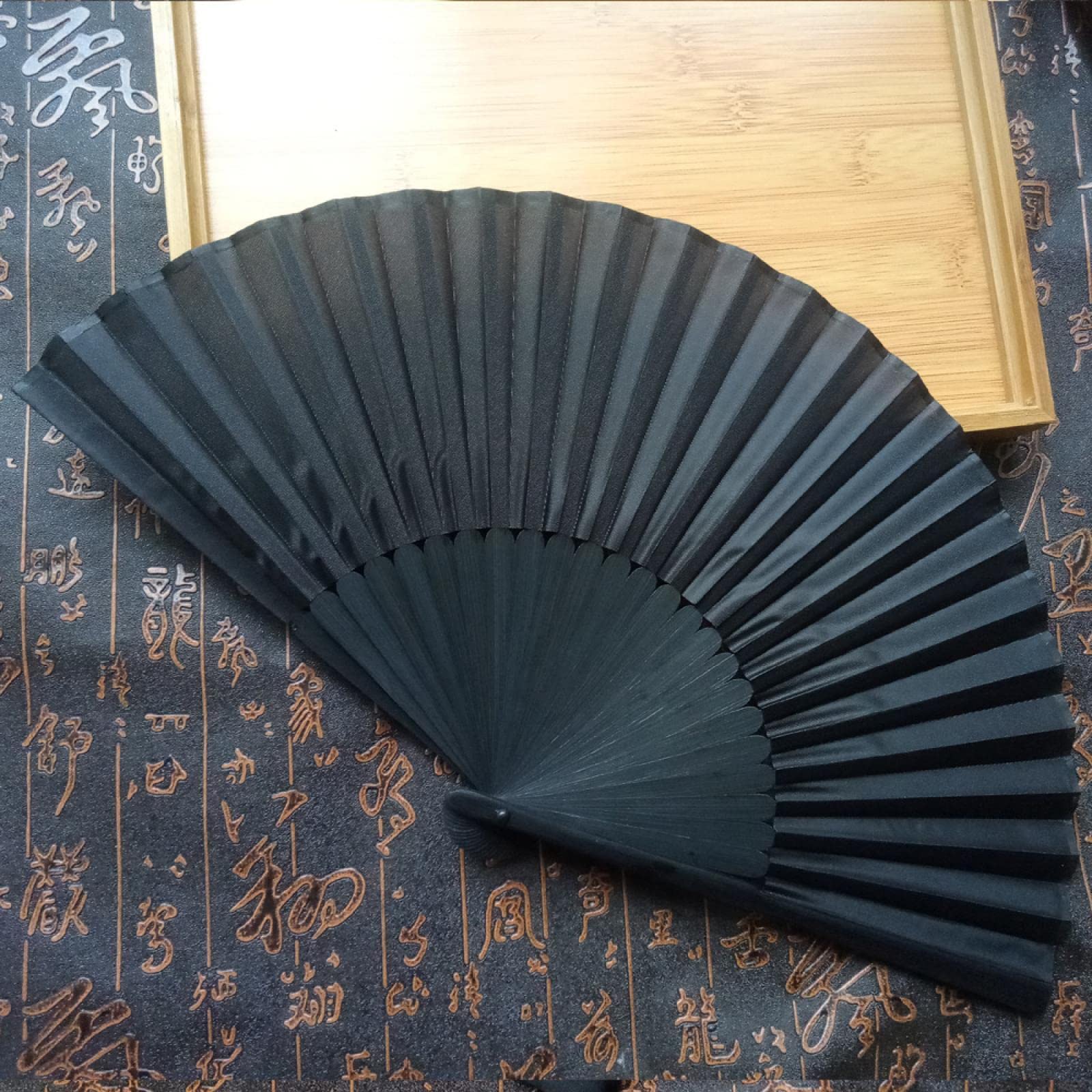 NA Fan Men's Black Folding Fan Men's Cloth Fan All Black Folding Fan Black Bamboo Fan Black no Bag