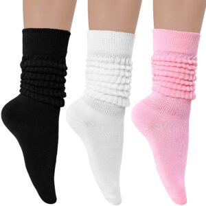 Witwot 3 Pair Womens Slouch Socks Cotton Knee High Tube Scrunch Sock Black-White-Pink