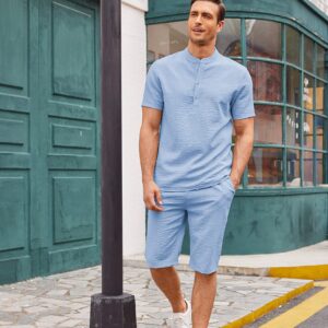 COOFANDY Men's 2 Pieces Linen Set Casual Henley Shirts Short Sleeve Beach Yoga Shorts Summer Pants Outfits