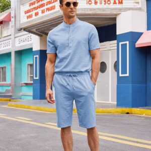 COOFANDY Men's 2 Pieces Linen Set Casual Henley Shirts Short Sleeve Beach Yoga Shorts Summer Pants Outfits