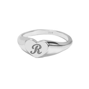 925 Silver Personalized Heart Signet Ring Custom Initial Ring For Women Dainty Stacking Band Mothers Gift (Silver)