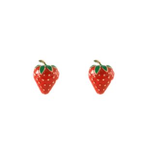 cute strawberry fruits small stud earrings 925 sterling silver post for women girls teen cubic zirconia funny red enamel lifelike lucky mini cartilage tragus hypoallergenic jewelry birthday easter