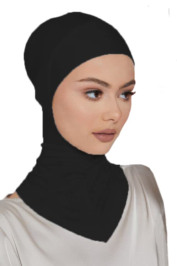 LMVERNA 2 Pieces Modal Hijab Cap Adjustable Muslim Stretchy Turban Full Cover Shawl Undercap Full Neck Coverage for Women (Black+White)