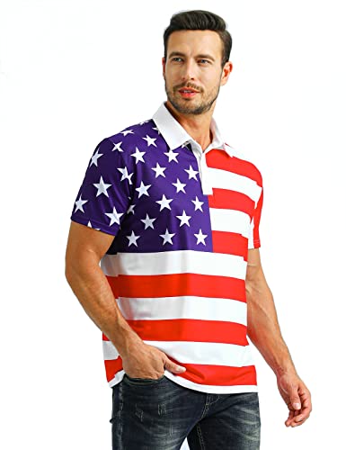 LINOCOUTON Mens American Flag Patriotic Golf Polo Shirt 4th of July Short Sleeve Stars Stripes Pieced Outfit, White, Large