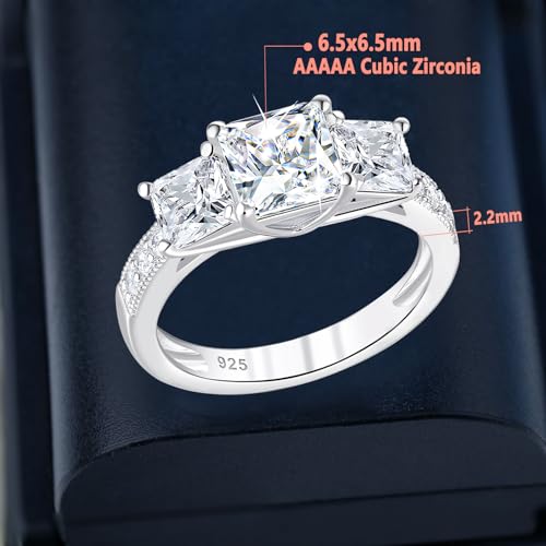 SHELOVES 2 Ct Three-stone Princess Cut Cubic Zirconia Engagement Ring for Women 925 Sterling Silver Sz 7