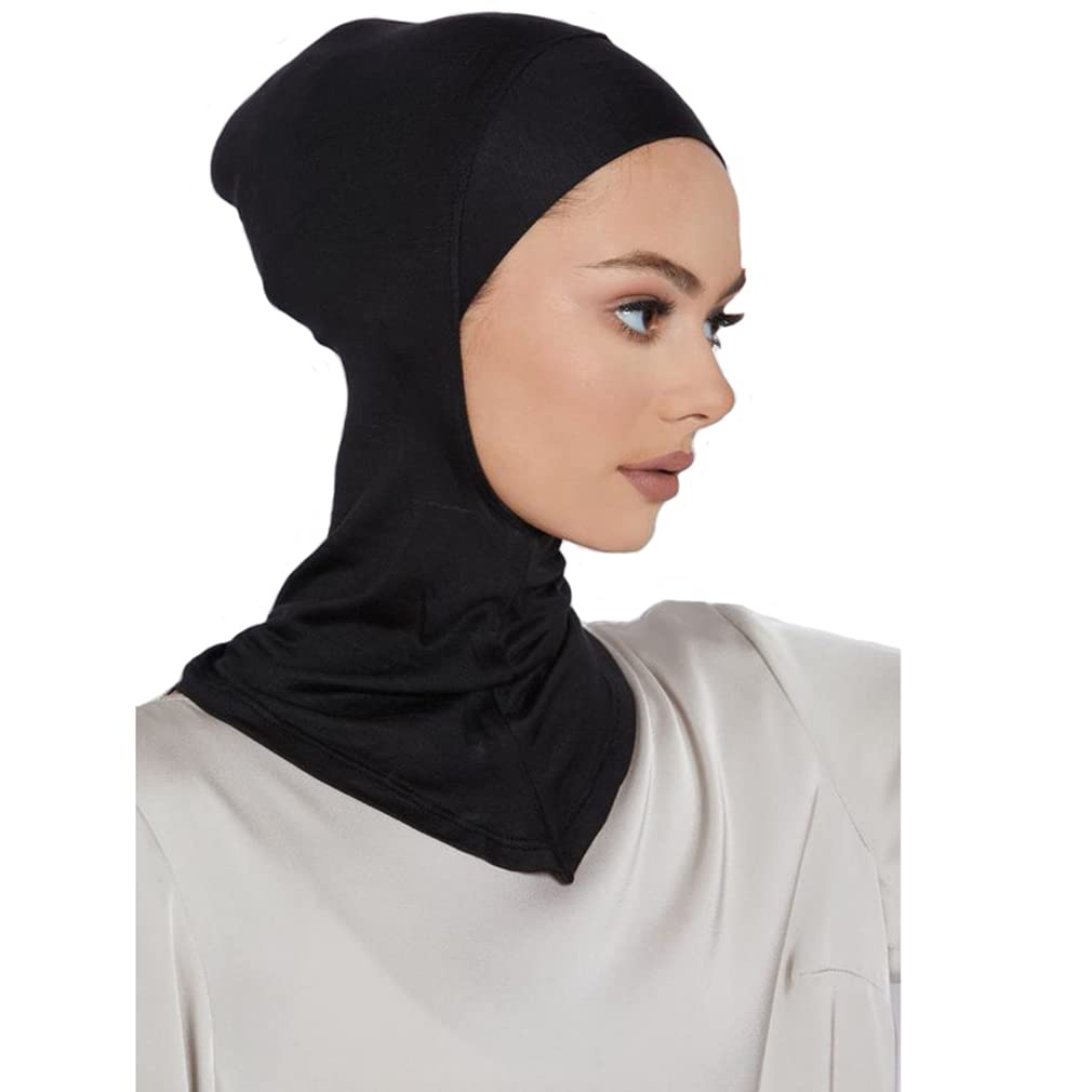 LMVERNA 2 Pieces Modal Hijab Cap Adjustable Muslim Stretchy Turban Full Cover Shawl Undercap Full Neck Coverage for Women (Black+White)