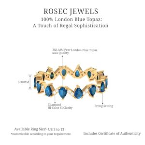 Rosec Jewels Real London Blue Topaz Eternity Ring, Stackable Wedding Anniversary Jewelry for Women, Aaa Quality, 14K Yellow Gold, Size:US 9.00