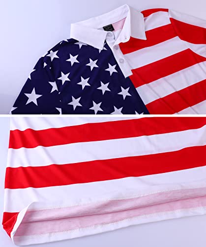 LINOCOUTON Mens American Flag Patriotic Golf Polo Shirt 4th of July Short Sleeve Stars Stripes Pieced Outfit, White, Large