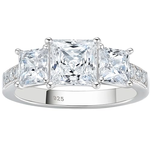 SHELOVES 2 Ct Three-stone Princess Cut Cubic Zirconia Engagement Ring for Women 925 Sterling Silver Sz 7