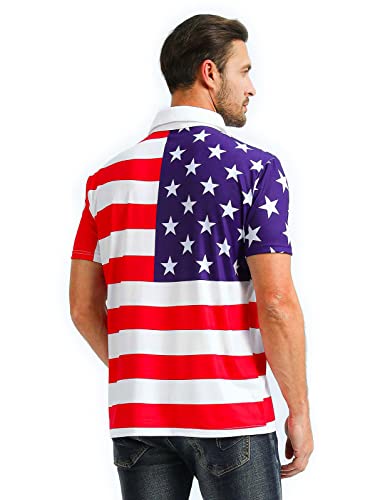 LINOCOUTON Mens American Flag Patriotic Golf Polo Shirt 4th of July Short Sleeve Stars Stripes Pieced Outfit, White, Large