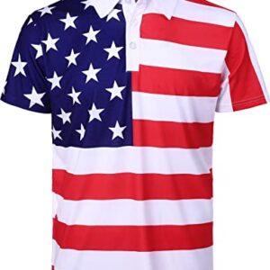 LINOCOUTON Mens American Flag Patriotic Golf Polo Shirt 4th of July Short Sleeve Stars Stripes Pieced Outfit, White, Large