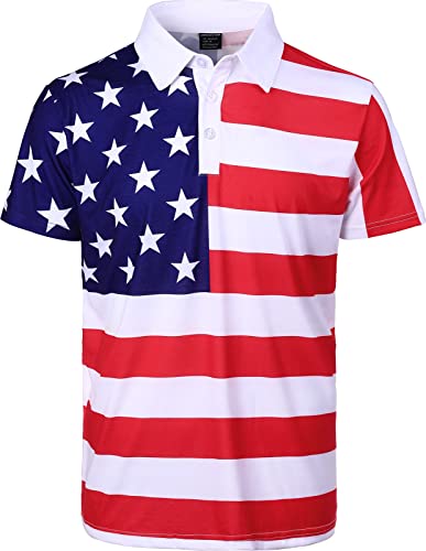 LINOCOUTON Mens American Flag Patriotic Golf Polo Shirt 4th of July Short Sleeve Stars Stripes Pieced Outfit, White, Large