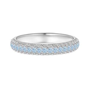 MOONEYE Triple Row 2MM Round Shape Aquamarine Gemstone 925 Sterling Silver Stackable Wedding Band Ring (Silver, 8)