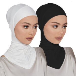 LMVERNA 2 Pieces Modal Hijab Cap Adjustable Muslim Stretchy Turban Full Cover Shawl Undercap Full Neck Coverage for Women (Black+White)