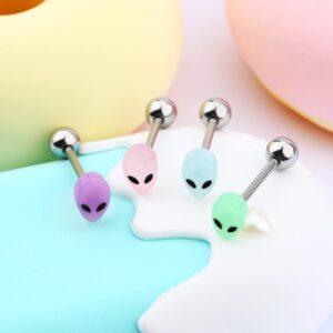 Melighting 4Pcs Alien Tongue Rings Glow in The Dark 14G Surgical Steel 316L Tongue Piercing Jewelry Multi Alien Tongue Barbells Body Piercing Jewelry