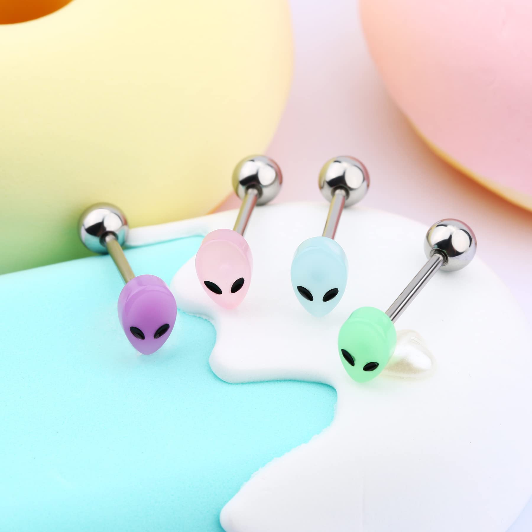 Melighting 4Pcs Alien Tongue Rings Glow in The Dark 14G Surgical Steel 316L Tongue Piercing Jewelry Multi Alien Tongue Barbells Body Piercing Jewelry