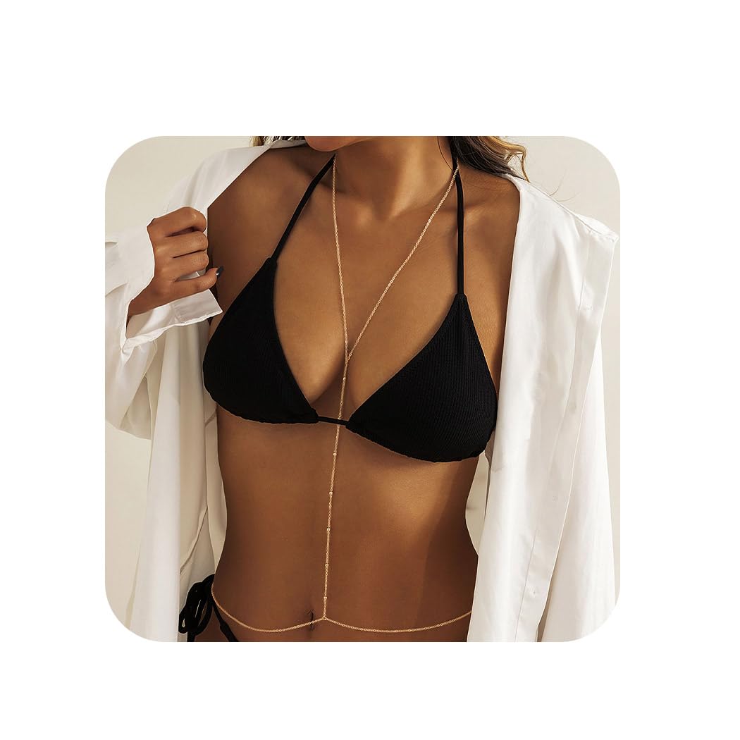 Bounzhi Gold Sexy Body Chain Crossover Thin Bra Bikini Waist Belly Body Chains Beach Body Necklace Jewelry for Women, B-100