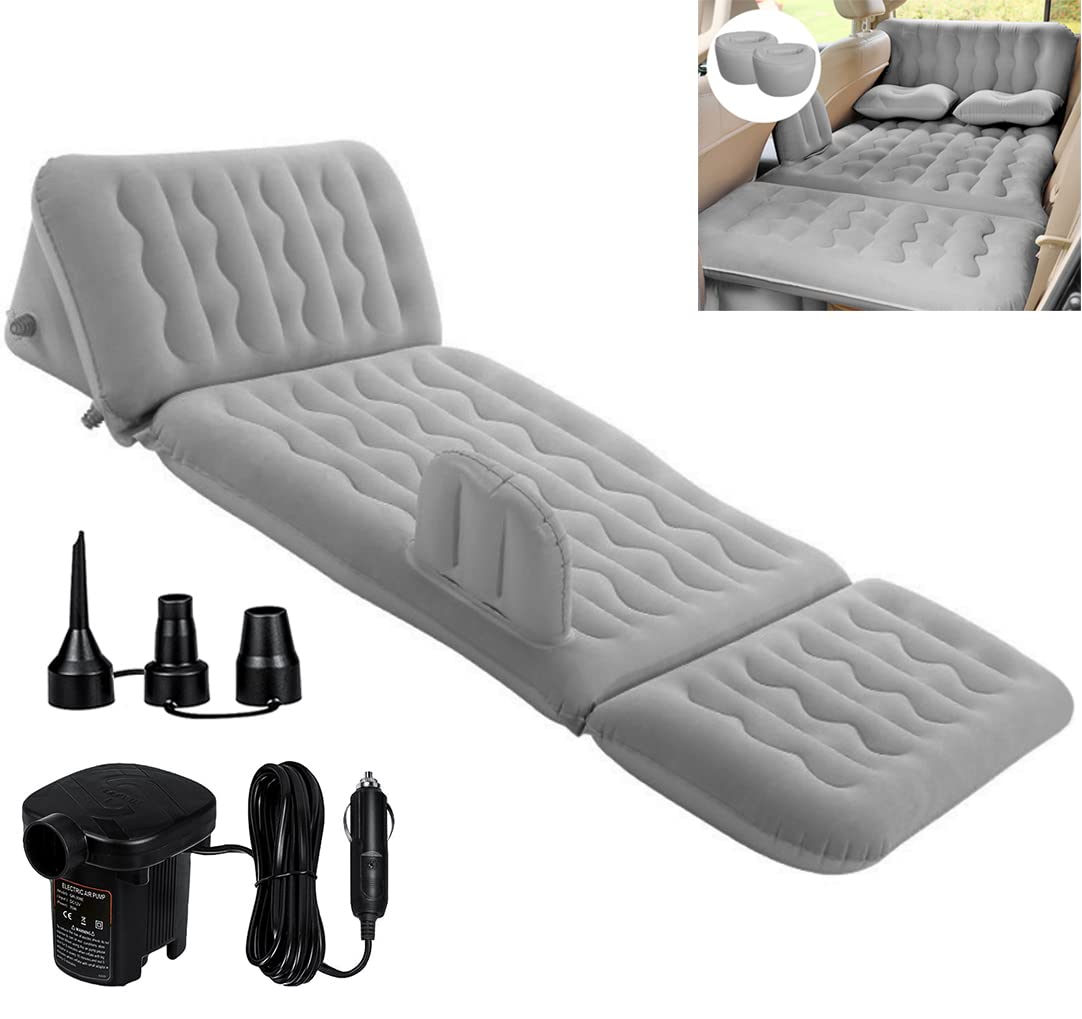 Dufominc Inflatable Car Air Mattress Travel Bed - 6 in 1 Thickened Car Camping Mattress Sleeping Pad with Electric Air Pump & 2 Pillows for Home SUV Sedan Pickup Backseat Couch Tent - Grey