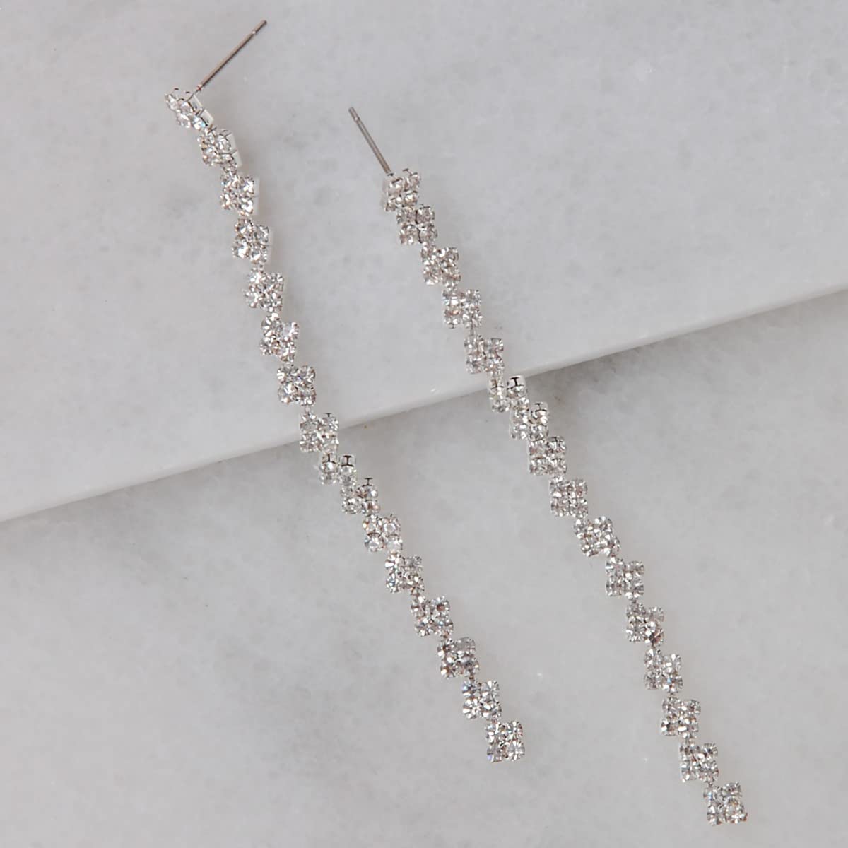 Long Earrings for Women - Rhinestone Earrings Dangling, Silver Dangle Earrings for Women, Silver Tone Chandelier Drop Earrings, Statement Faux Diamond Earrings, Dangly Cubic Zirconia Bridal Earring