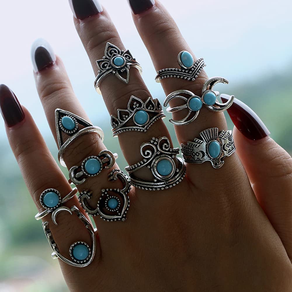 Octwine 11 pcs Boho Silver Turquoise Knuckle Rings Set Silver Stacking Midi Finger Rings Set Bohomian Statement Joint Carved Knuckle Ring Set Women Girls Party