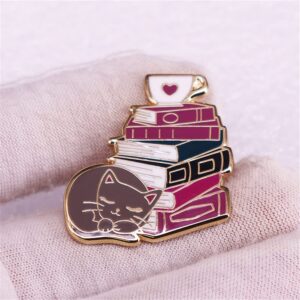 AFSJEEP Cat Book Coffee Enamel Lapel Pin Cute Animal Brooch Cartoon Badges Lazy Gift Women Men Clothing Bag Accessories