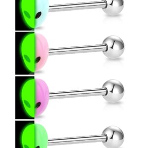 Melighting 4Pcs Alien Tongue Rings Glow in The Dark 14G Surgical Steel 316L Tongue Piercing Jewelry Multi Alien Tongue Barbells Body Piercing Jewelry