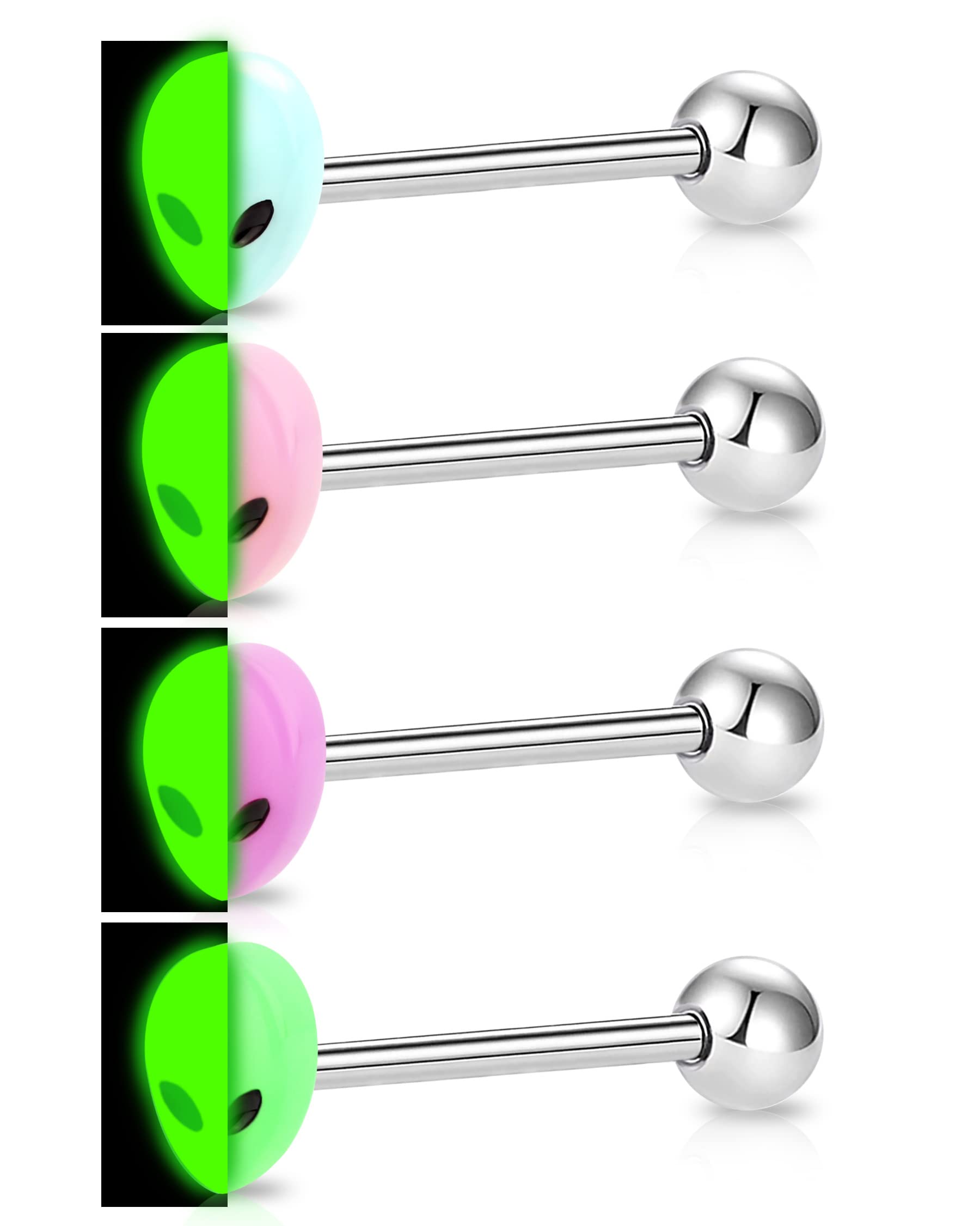 Melighting 4Pcs Alien Tongue Rings Glow in The Dark 14G Surgical Steel 316L Tongue Piercing Jewelry Multi Alien Tongue Barbells Body Piercing Jewelry