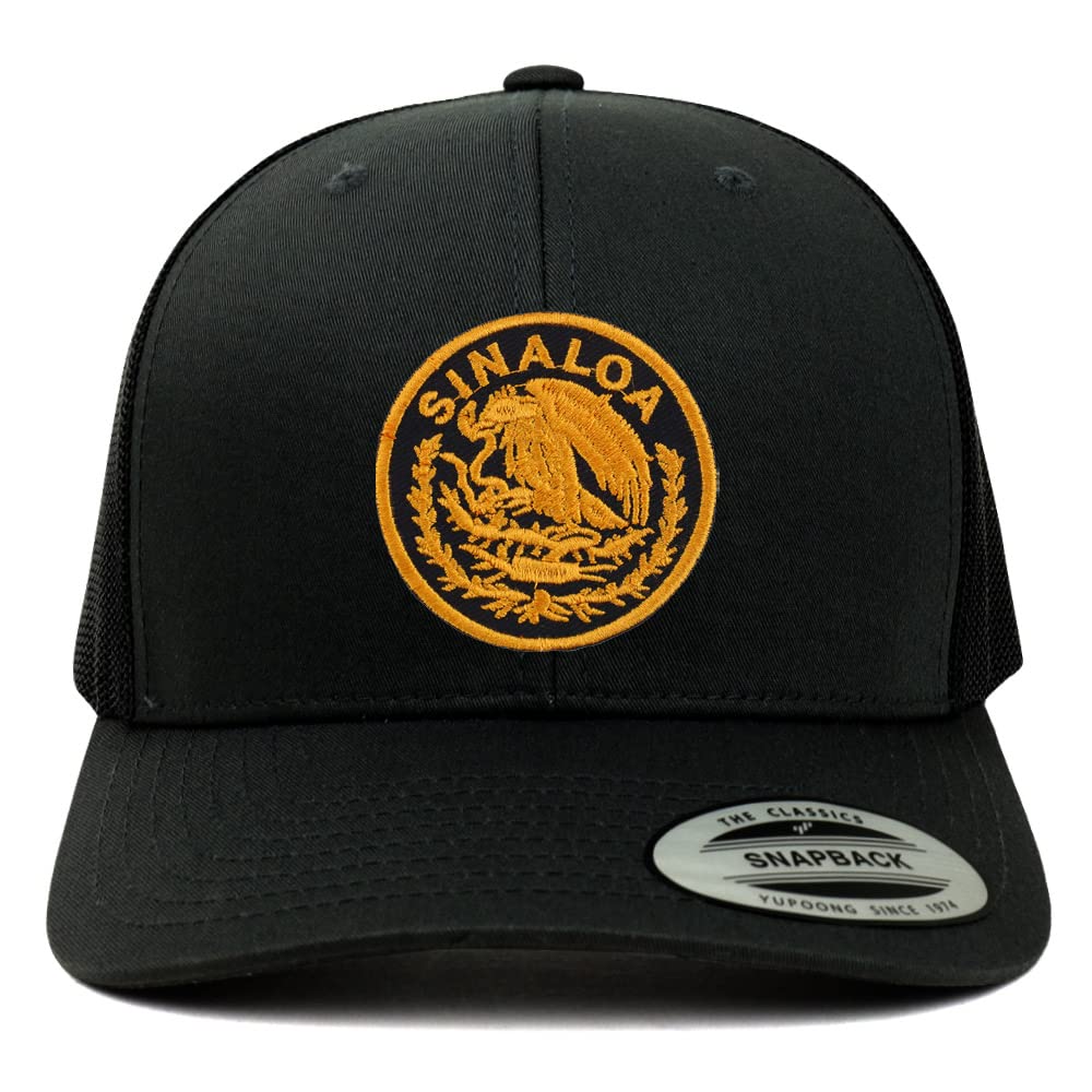 Trendy Apparel Shop Sinaloa Mexico Patch 6 Panel Trucker Mesh Cap - Black - Gold Patch