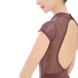 Phoeswan Ballet Leotards Turtleneck Slim Lace Back Brown Nylon Romper Short Sleeve for Women