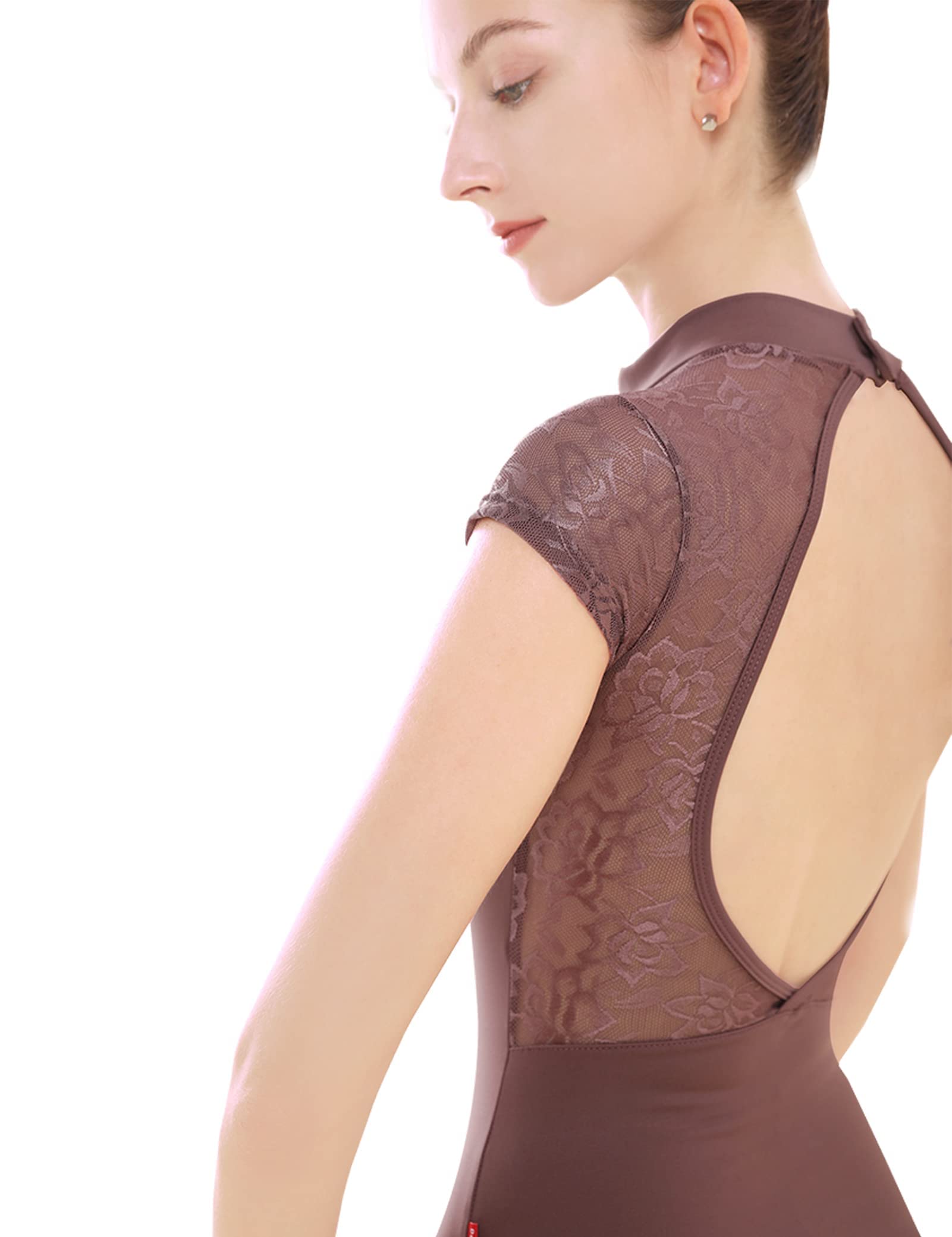 Phoeswan Ballet Leotards Turtleneck Slim Lace Back Brown Nylon Romper Short Sleeve for Women