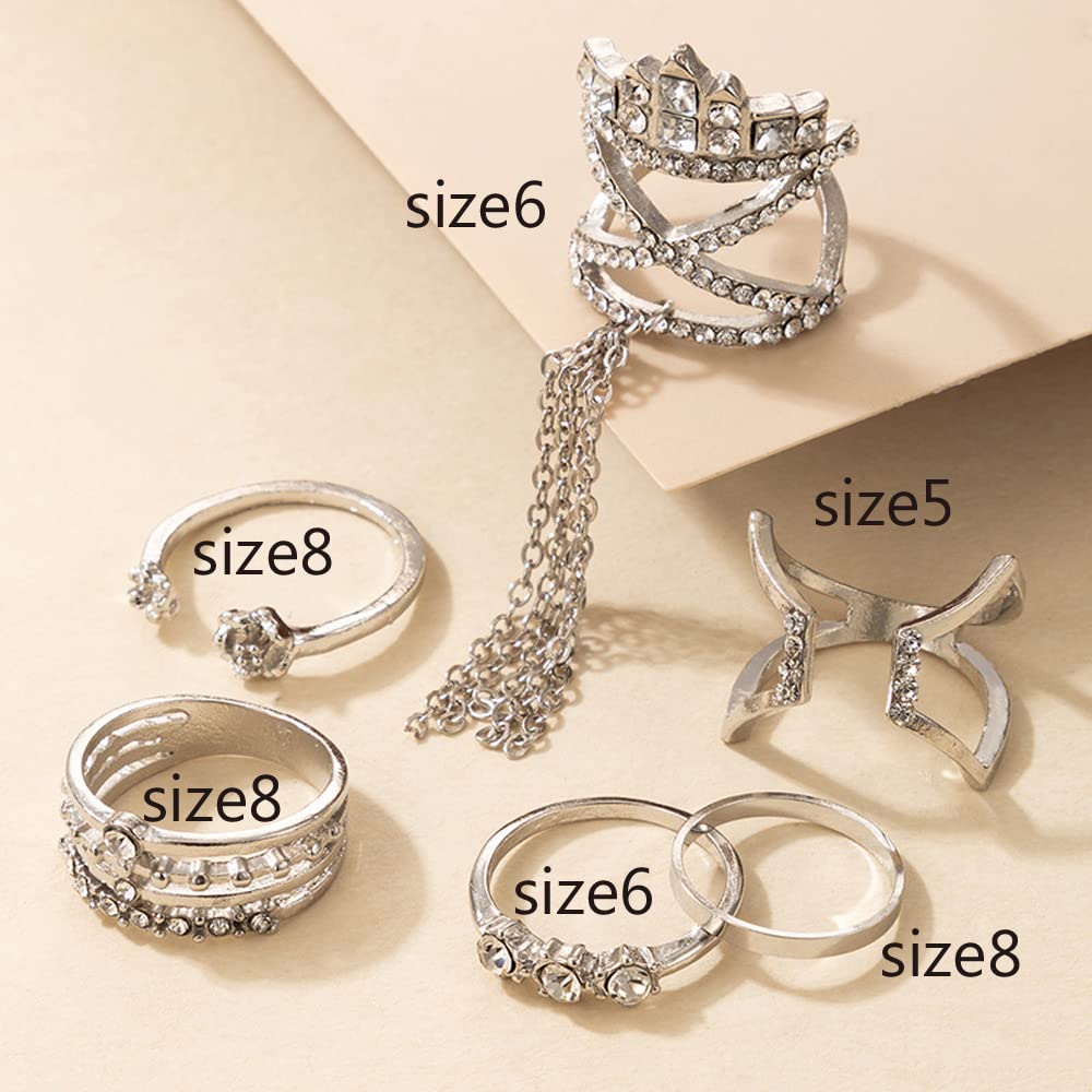 Octwine Boho Vintage Knuckle Stacking Tassel Rings Set for Women Teen Girls Finger Rings Stackable Silver Rhinestones Rings Set Multiple Rings for Women 6PCS