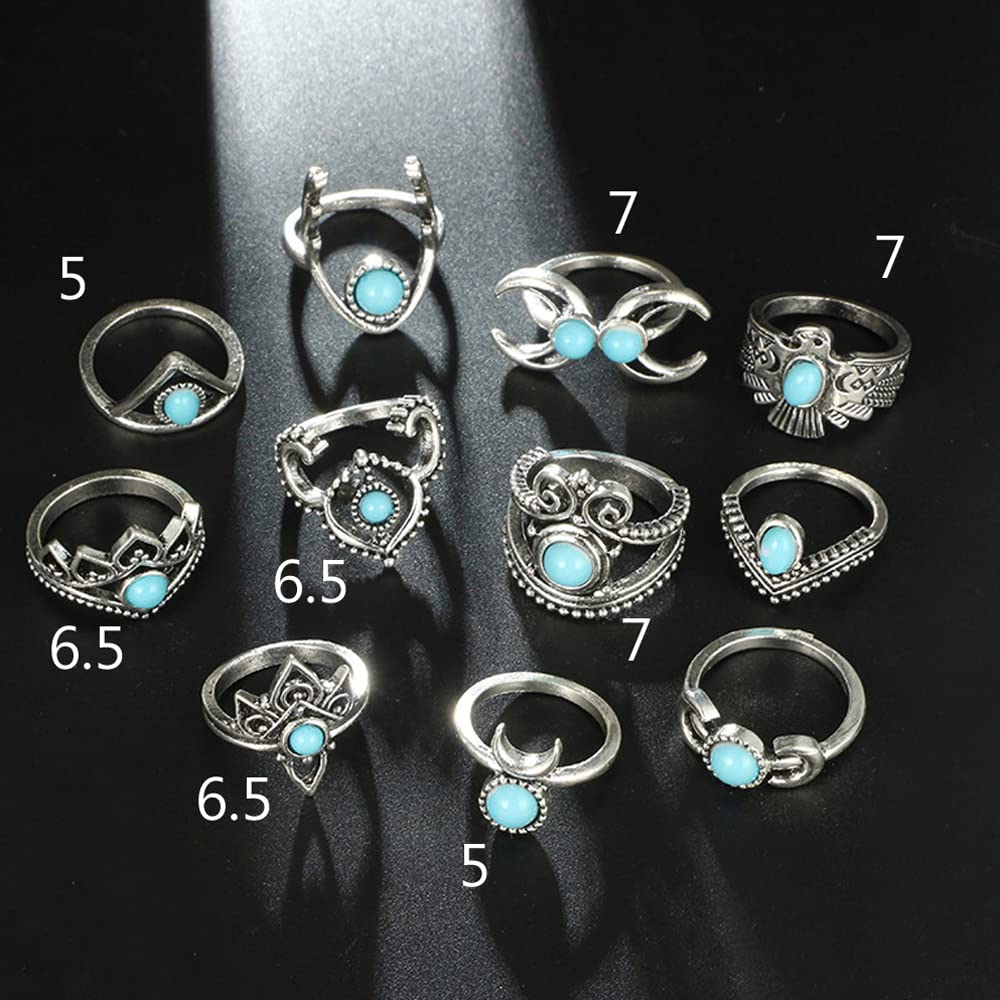 Octwine 11 pcs Boho Silver Turquoise Knuckle Rings Set Silver Stacking Midi Finger Rings Set Bohomian Statement Joint Carved Knuckle Ring Set Women Girls Party