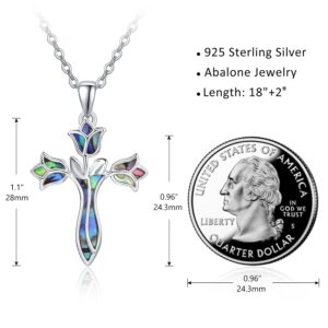 Dreamboat Sterling Silver Cross Necklace for Womens Cross Pendant Tulip Rose Abalone Shell Necklace Confirmation Religious Gifts for Mom Faith Christian Jewelry