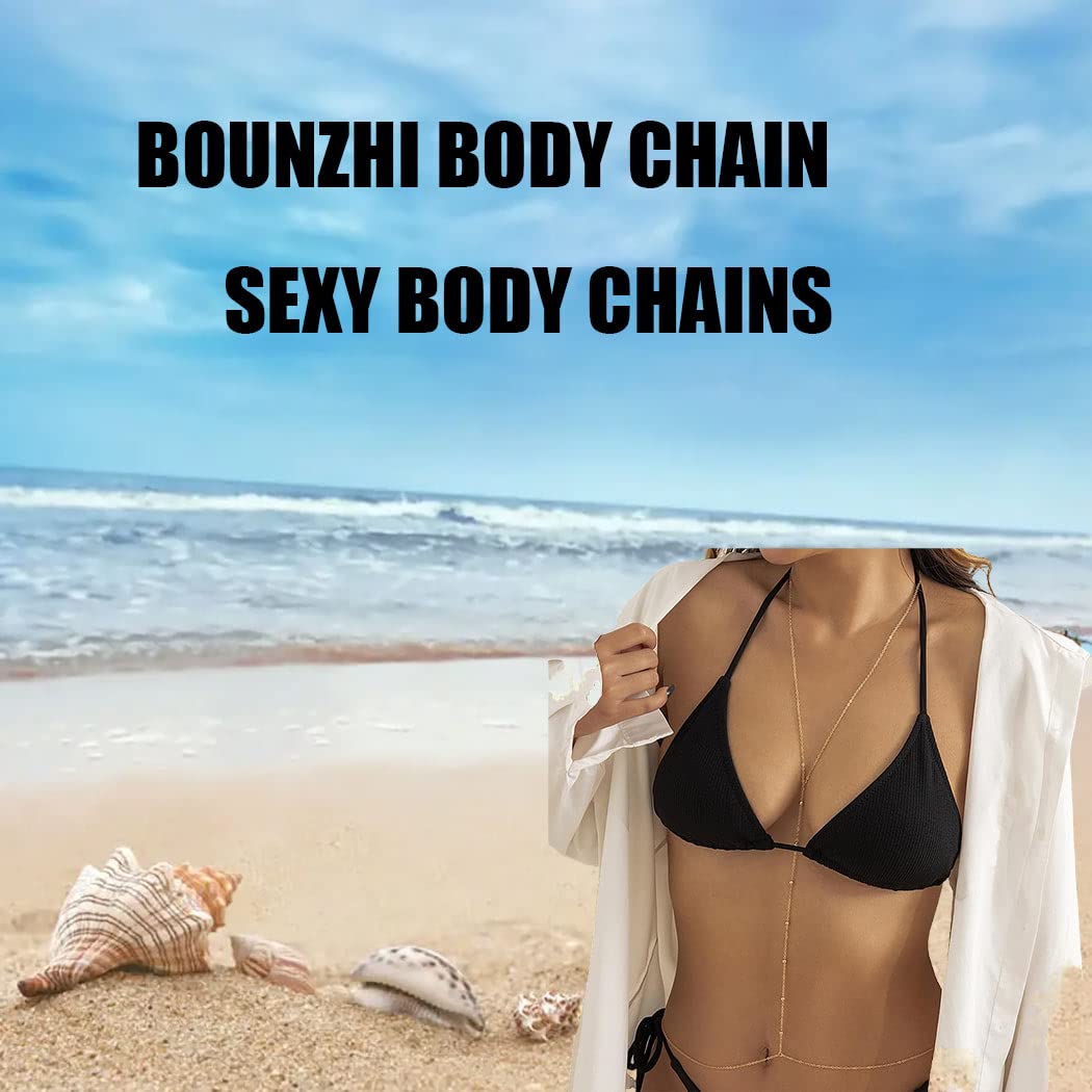 Bounzhi Gold Sexy Body Chain Crossover Thin Bra Bikini Waist Belly Body Chains Beach Body Necklace Jewelry for Women, B-100