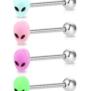 Melighting 4Pcs Alien Tongue Rings Glow in The Dark 14G Surgical Steel 316L Tongue Piercing Jewelry Multi Alien Tongue Barbells Body Piercing Jewelry